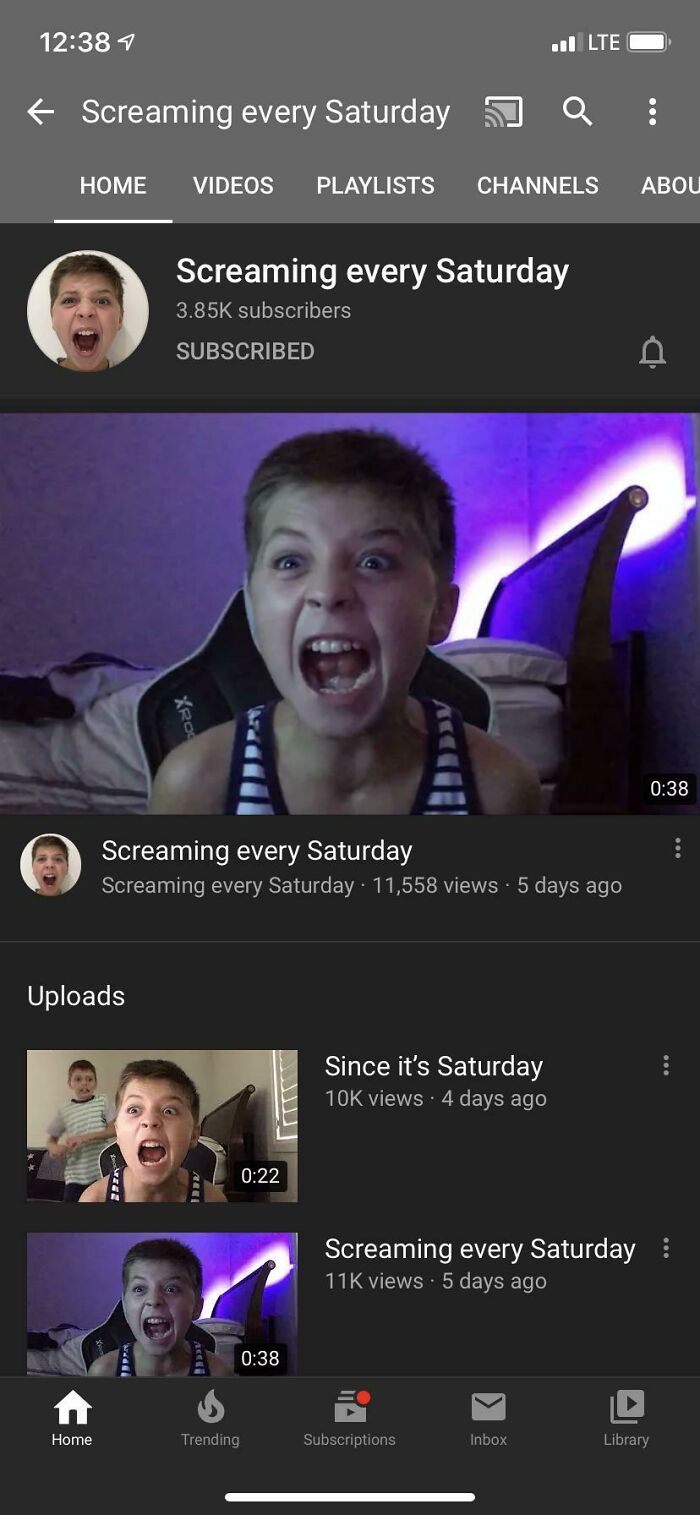 A YouTube channel titled Screaming every Saturday showing a mischievous kid screaming, showcasing hilarious kids moments.