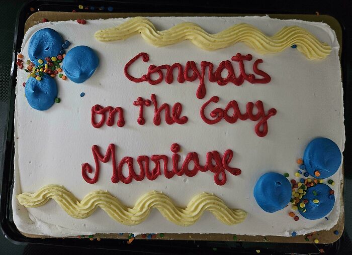 A congratulatory cake with the text Congrats on the Gay Marriage, a hilarious and mischievous kids moment.