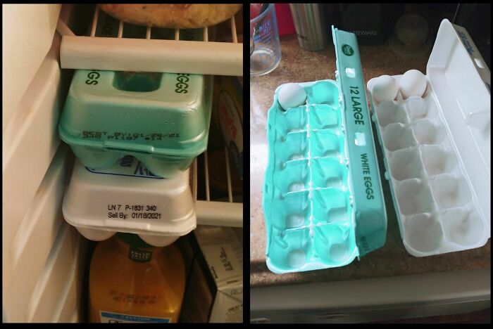 A refrigerator with eggs stored in ice cube trays, a hilarious and mischievous kids' idea.