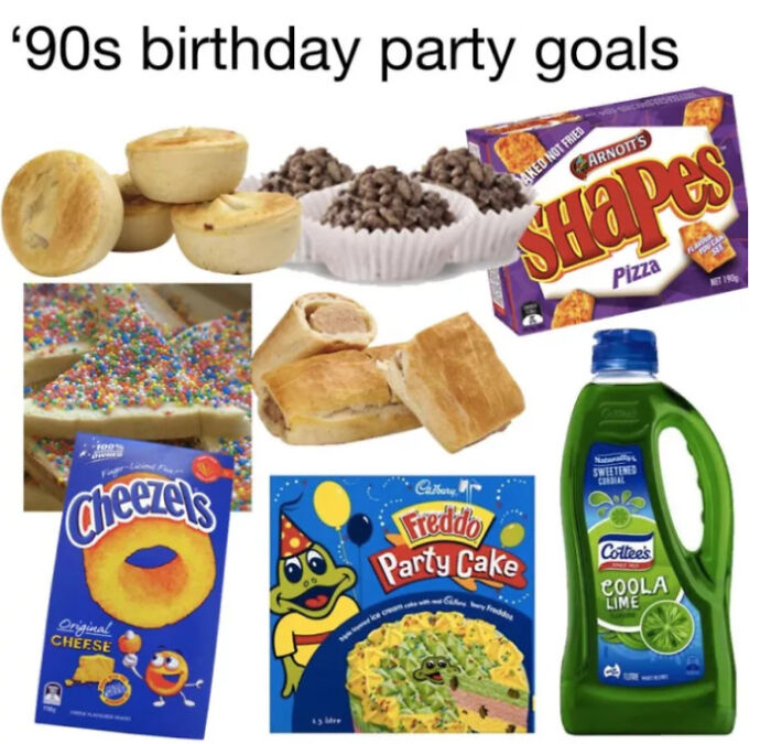 A collage of classic Australian party foods: fairy bread, party pies, Cheezels, and Freddo cake; nostalgic Aussie memories.