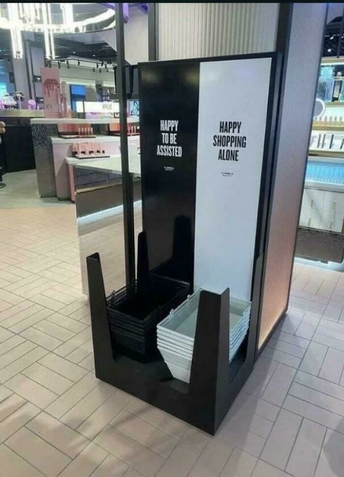 Shopping basket stand, a brilliantly practical product design for customer assistance in a store.