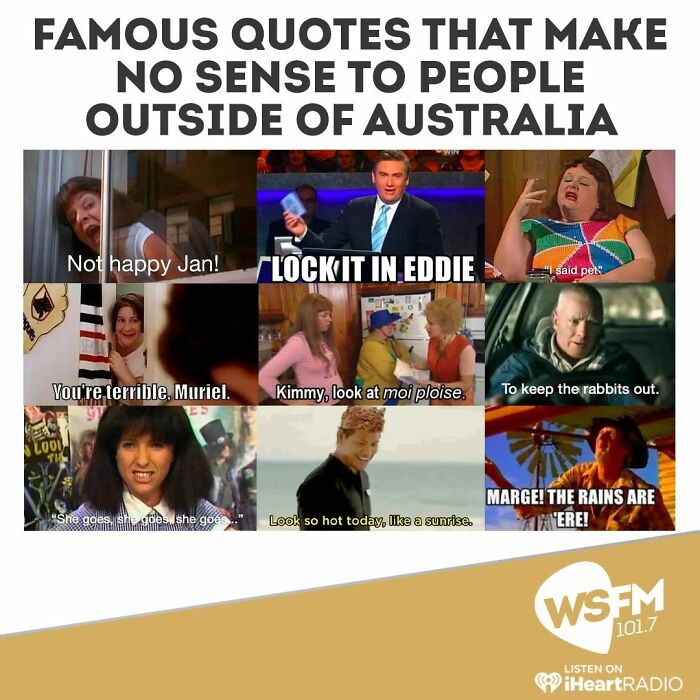 A meme collage of nine classic Australian quotes and scenes, showcasing famous Aussie memories that resonate with people who grew up there.