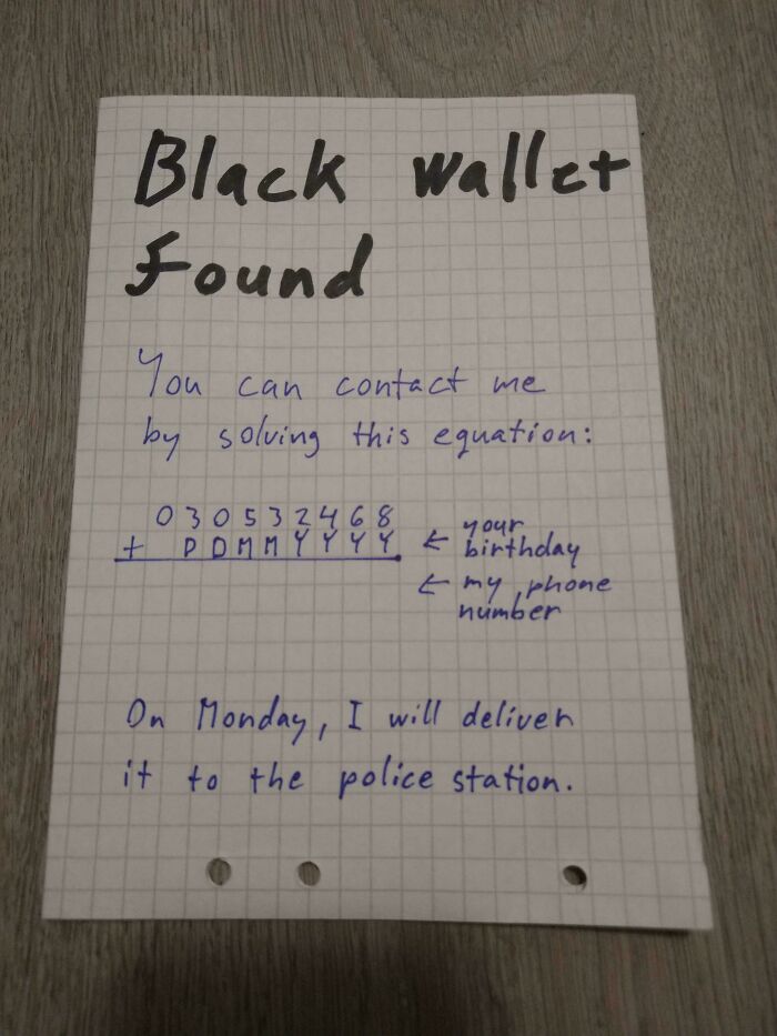 A handwritten note about a found wallet with a math equation, a practical design for contacting the owner.