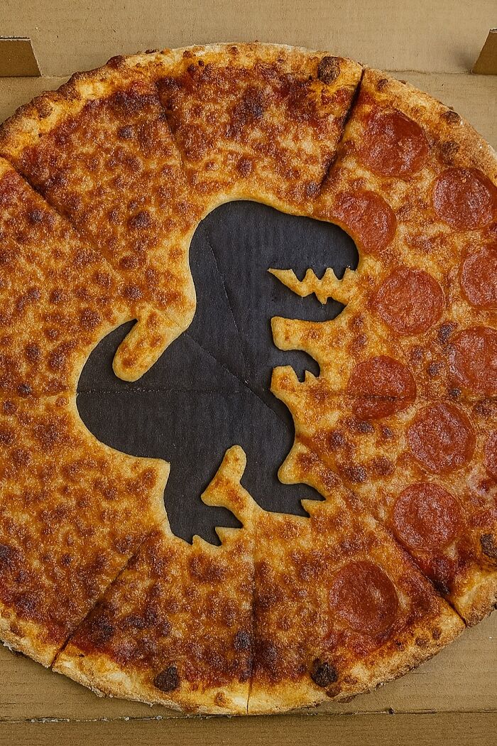 A pepperoni and cheese pizza with a large T-Rex shaped cutout in the center, a funny online lie.