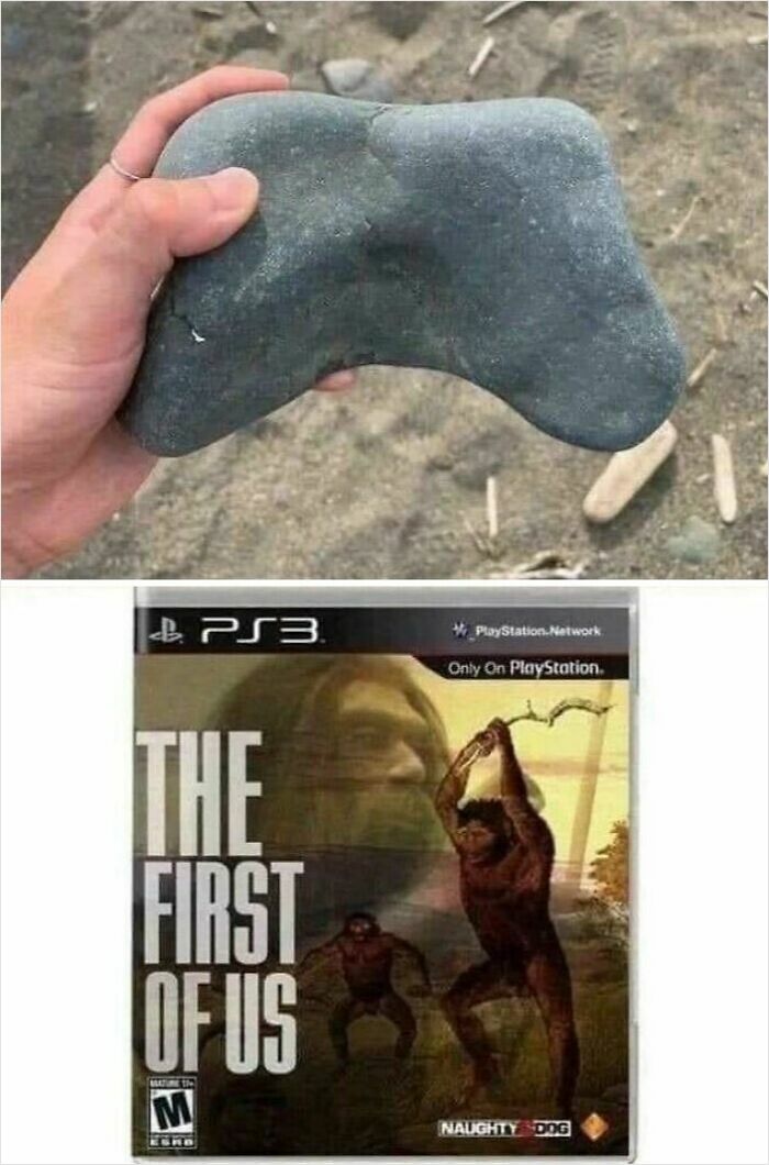 A hand holding a rock shaped like a PlayStation controller next to a fake video game cover for The First of Us, humorously depicting online lies.