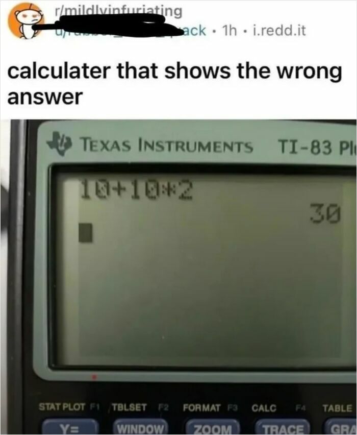 A close-up of a calculator showing the wrong answer 10+10*2=30, a picture made of online lies.