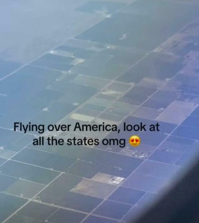 An aerial view of agricultural fields with text claiming to be states, an example of online lies.