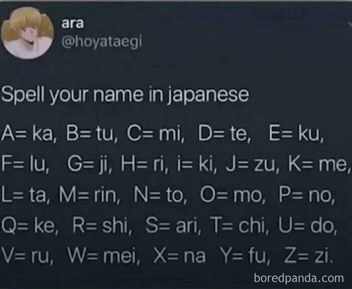 A screenshot showing a social media post that helps users spell their name in Japanese, highlighting online lies.