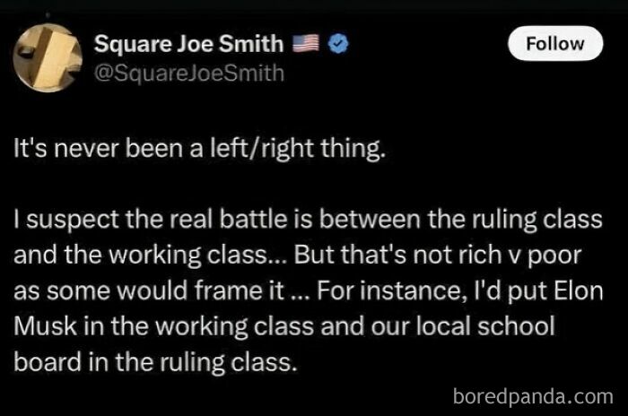 A social media post about online lies, discussing the working class vs. ruling class. The user's profile image is blurred.