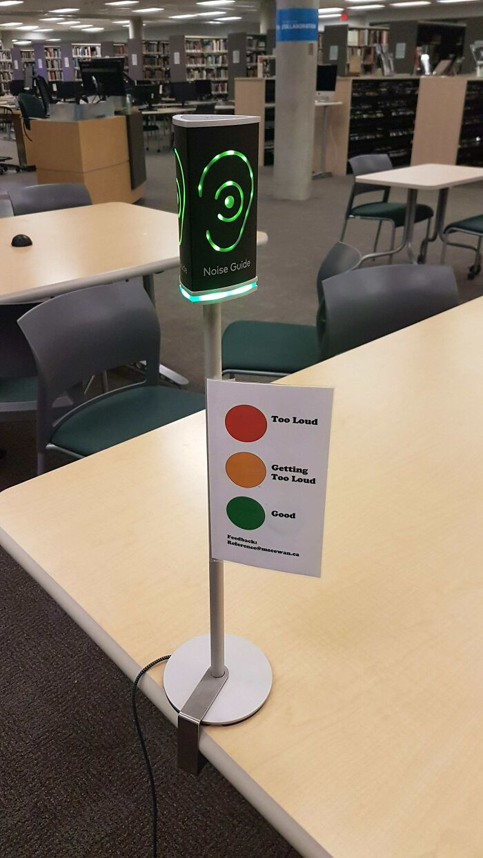 A noise guide with green ear design showing a red light and a sign indicating too loud, getting too loud, and good levels. This is one of the practical product designs.
