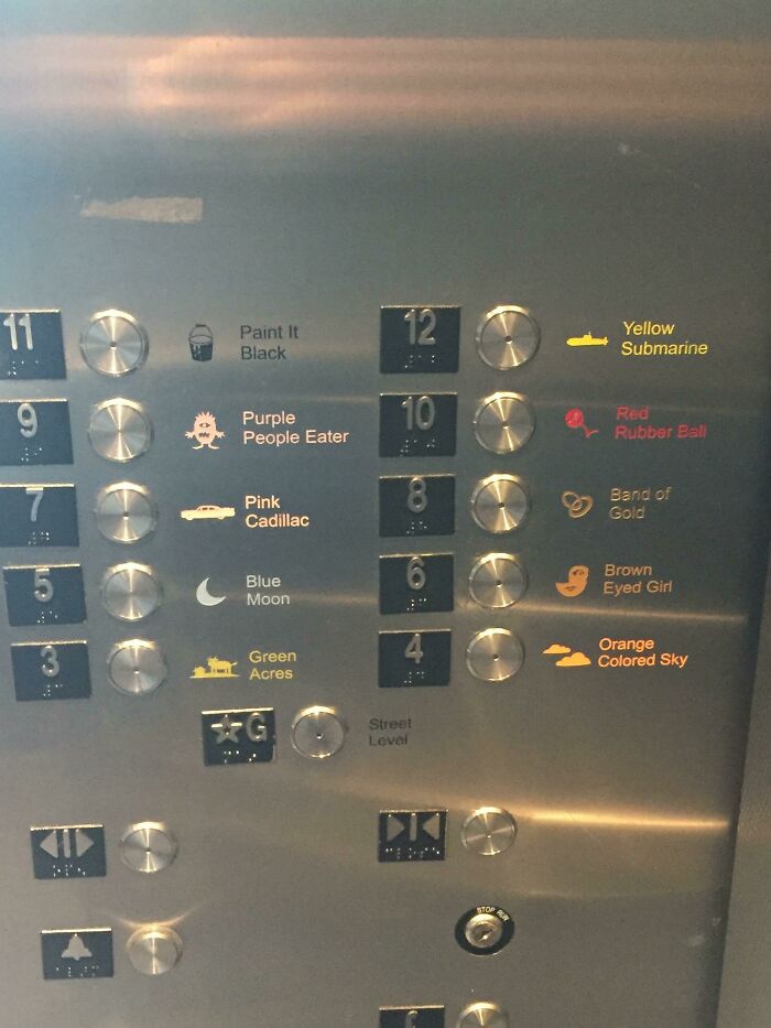 An elevator panel with song titles and corresponding icons for each floor. An example of practical product designs.