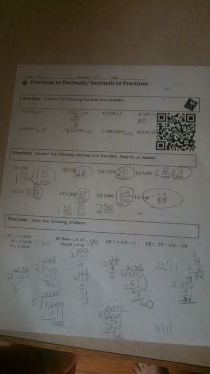 A math worksheet with problems converting fractions to decimals and vice versa, showing a practical product design.