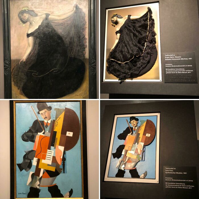 A split image showing two paintings and their 3D textile counterparts, one of a woman in a black dress and another of a musician, displaying innovative product designs.