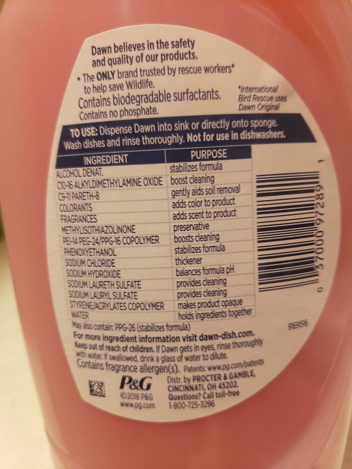 A detailed label of a pink bottle of Dawn dish soap, listing ingredients and purposes, highlighting practical product designs.