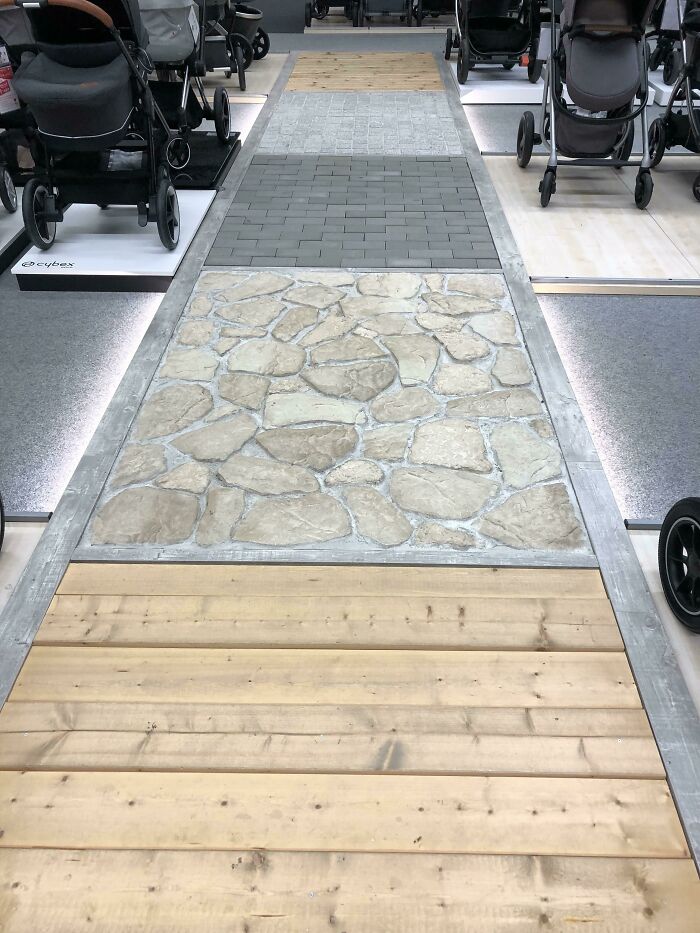 Showroom display with various floor textures, a brilliant product design to test strollers on different surfaces.