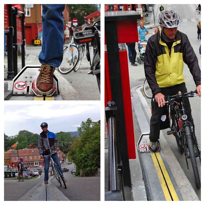 Collage of images showing a man using a practical product design: a bicycle lift system to aid cycling uphill.