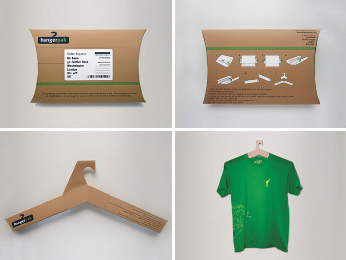 A four-panel image showcasing a hanger-pak, a brilliantly practical product design that converts packaging into a hanger.