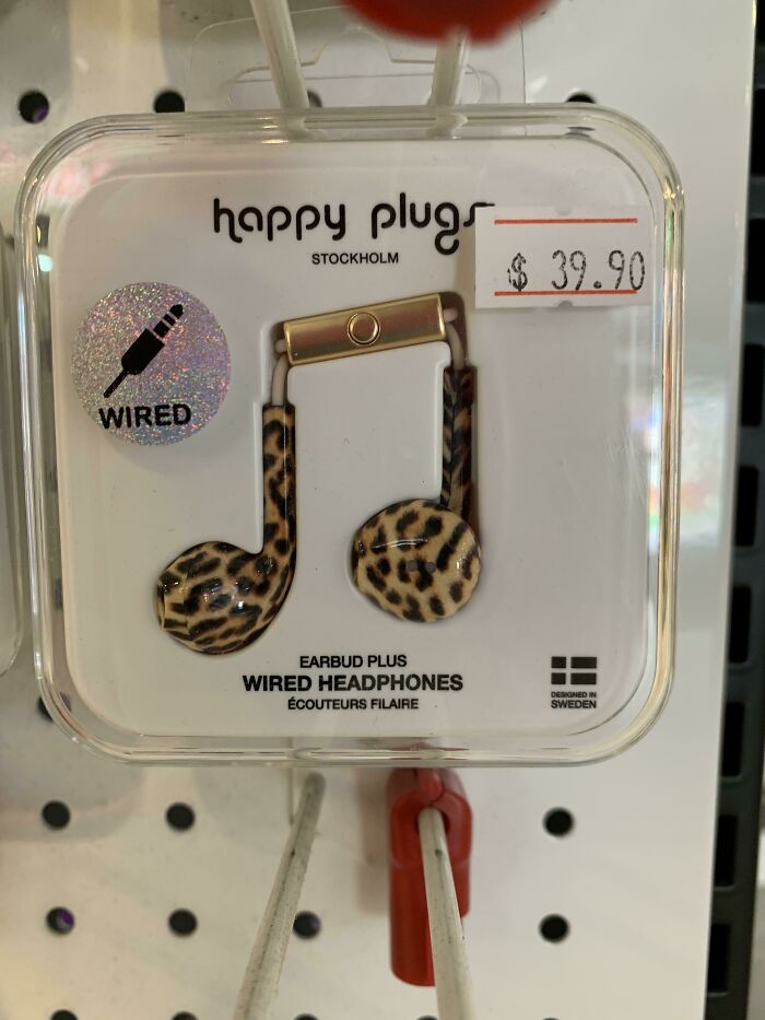 Happy Plugs wired headphones, a brilliantly practical product design with a leopard print.