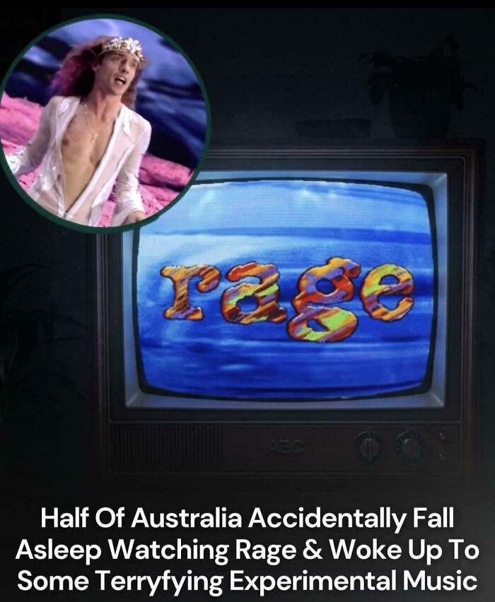 An old TV displaying the RAGE logo, with a musician in a circle overlay, nostalgic Aussie memories for many who grew up.