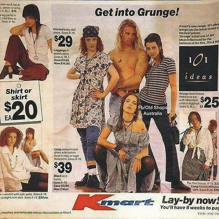 A vintage Kmart ad featuring 90s grunge fashion, stirring nostalgic Aussie memories for many.