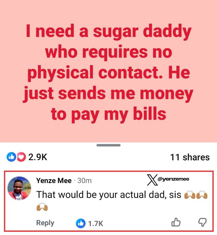 A social media post requests a sugar daddy, met with a witty comment, illustrating perfect replies.