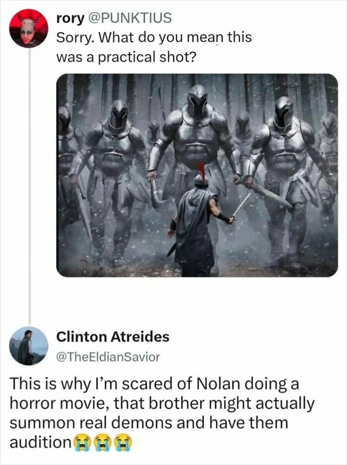 A social media screenshot shows a movie still of a warrior facing large armored figures, with funny comments about a practical shot.