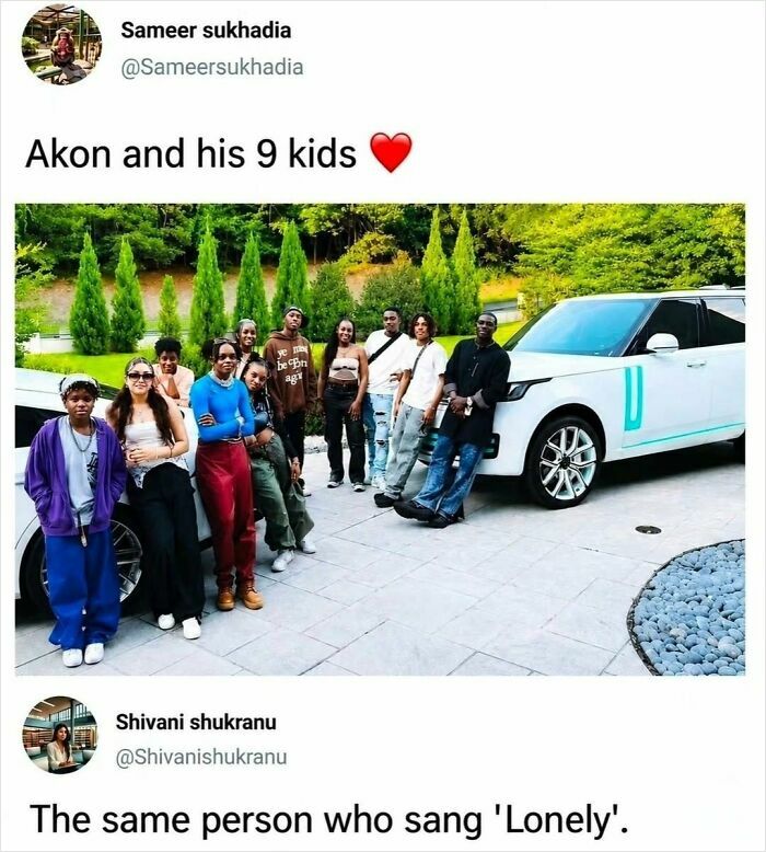 A social media screenshot shows Akon and his nine kids, with a comment noting he sang Lonely, highlighting funny comments.