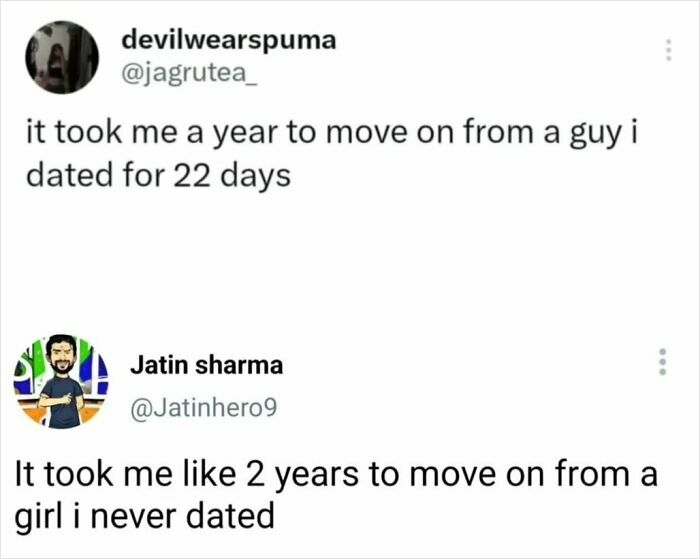 A screenshot of a Twitter conversation showing two users sharing their experiences of moving on from relationships, with perfect replies.