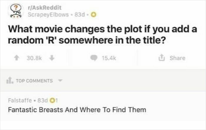 Screenshot of Reddit comments discussing movie plot changes by adding the letter 'R', with a funny movie title example.