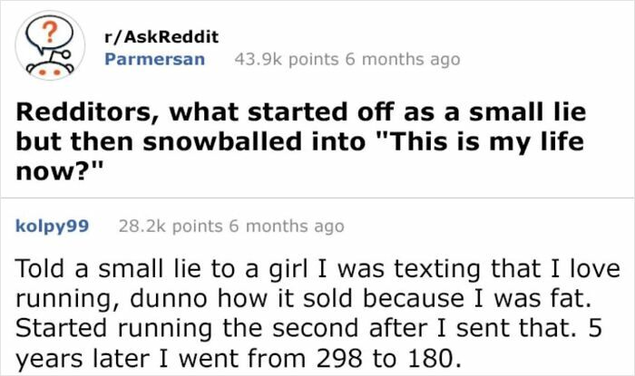 Screenshot of Reddit comments about a small lie that snowballed, showing a user's story of starting to run after a lie.