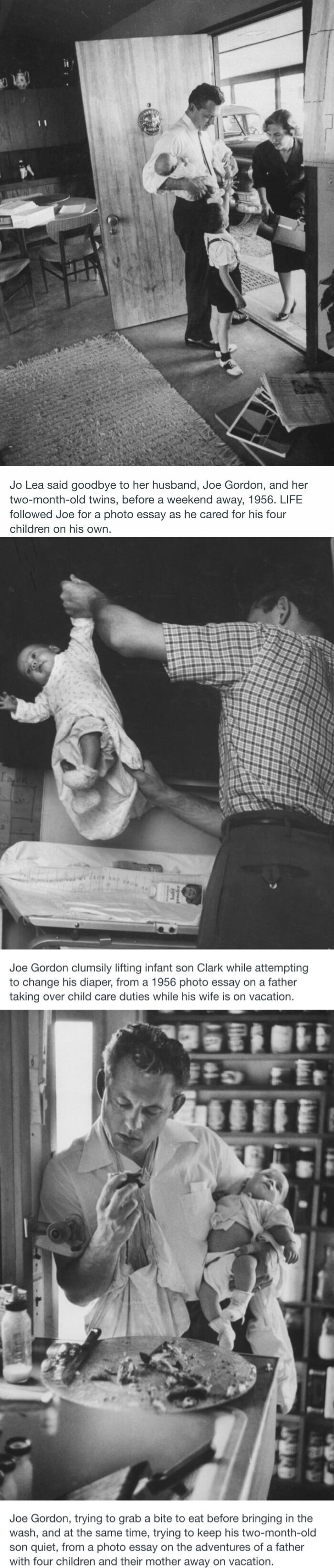 A series of photos showing Joe Gordon with his infant twins. These are emotional historical photos.