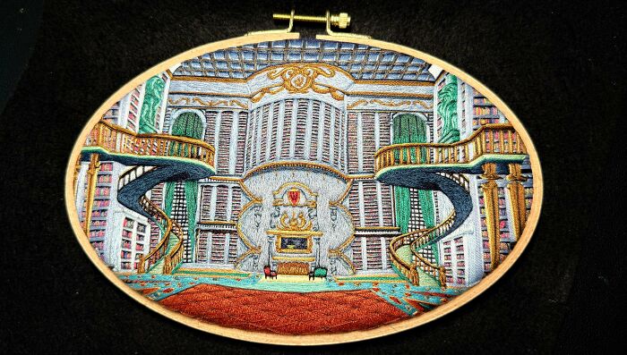 Detailed grand library scene with staircases rendered beautifully in these embroidery projects