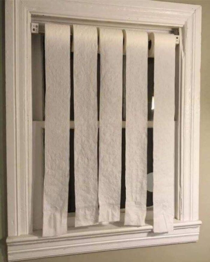 Unhinged images: A window covered with five strips of toilet paper hanging vertically like makeshift blinds.