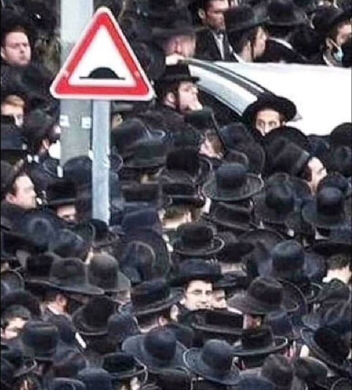 A speed bump sign emerging from a crowd of men in black hats. An unhinged image that made people go hmmm.