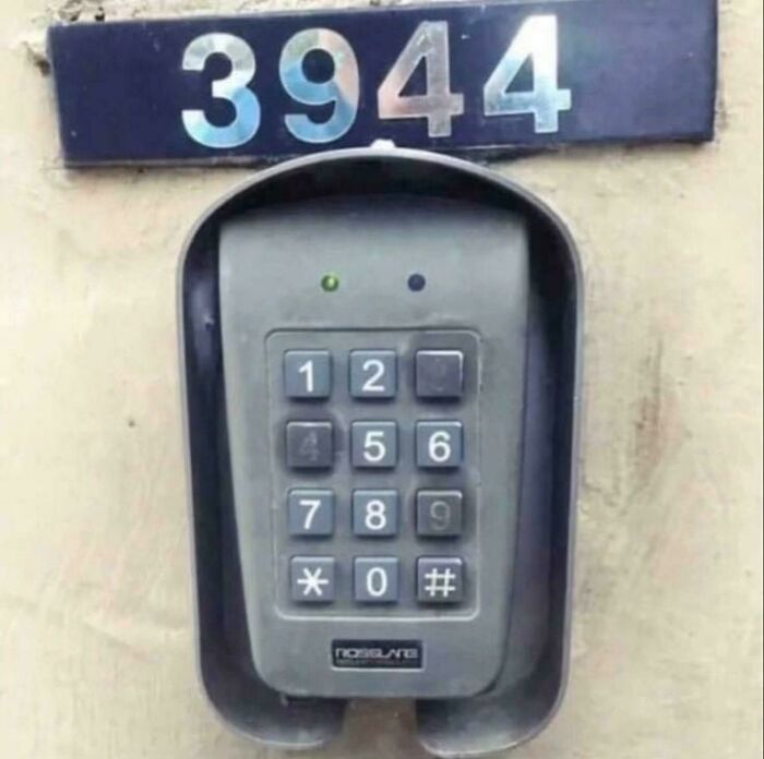 A keypad with only some numbers worn out, under a house number. An unhinged image that made people go hmmm.