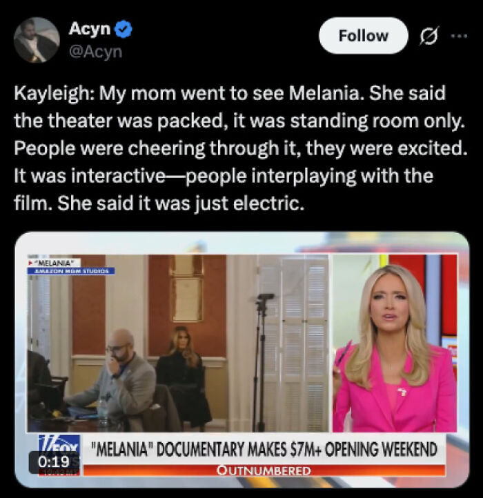 A social media post with a video about a packed theater for a Melania documentary, an embarrassing lie.