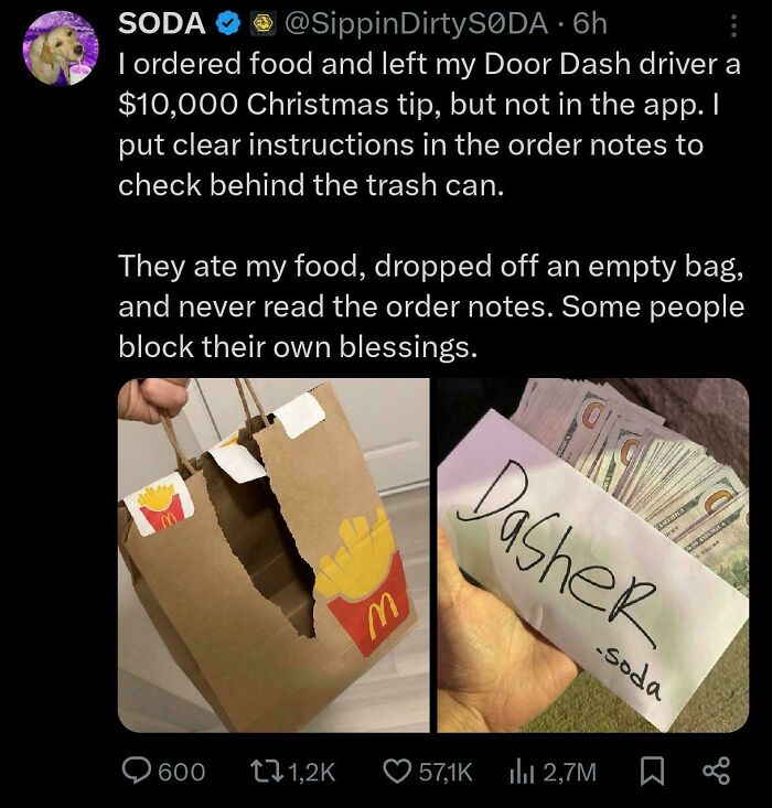 A social media post describes a DoorDash driver allegedly missing a large tip, an embarrassing lie.