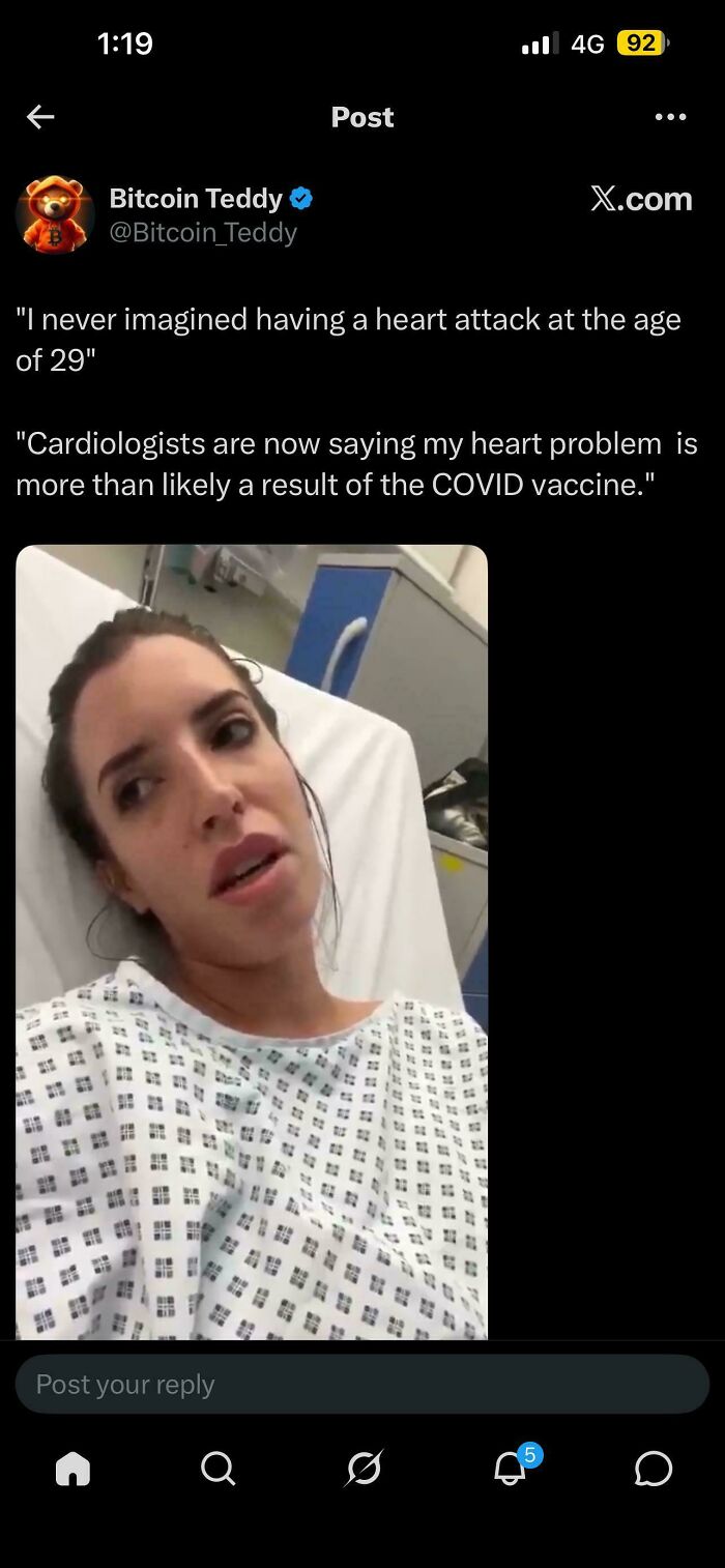 A social media post features a person in a hospital gown claiming a heart attack at 29 from a COVID vaccine, an embarrassing lie.