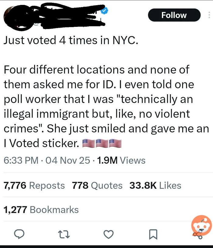 A social media post details an individual's claims of voting multiple times in NYC, an embarrassing lie.