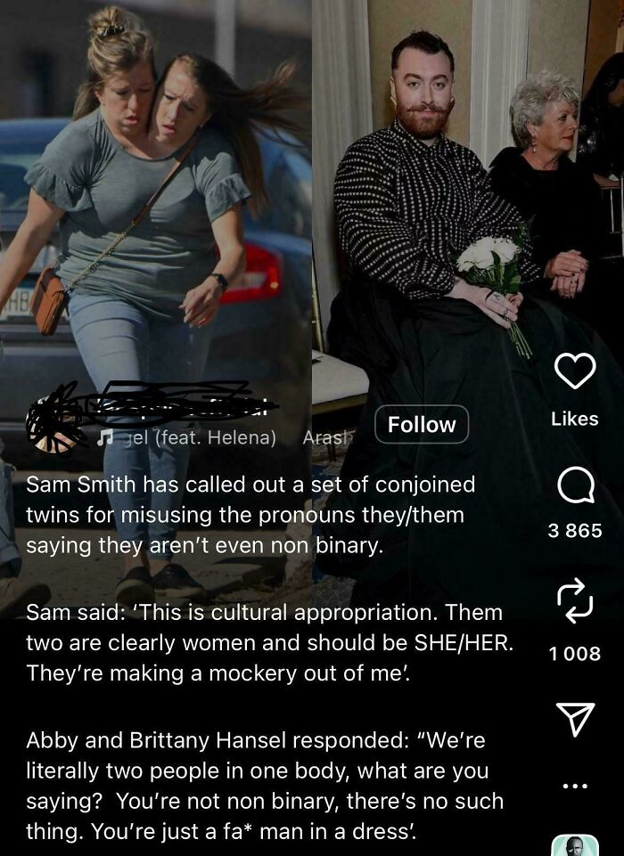 An image of an embarrassing lie on the internet about Sam Smith calling out conjoined twins.