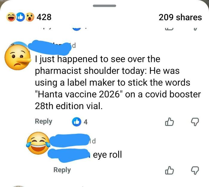 An image of an embarrassing lie on the internet about a pharmacist using a label maker for a vaccine.