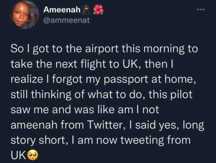 Tweet about a pilot recognizing someone and flying them to the UK, an embarrassing lie.