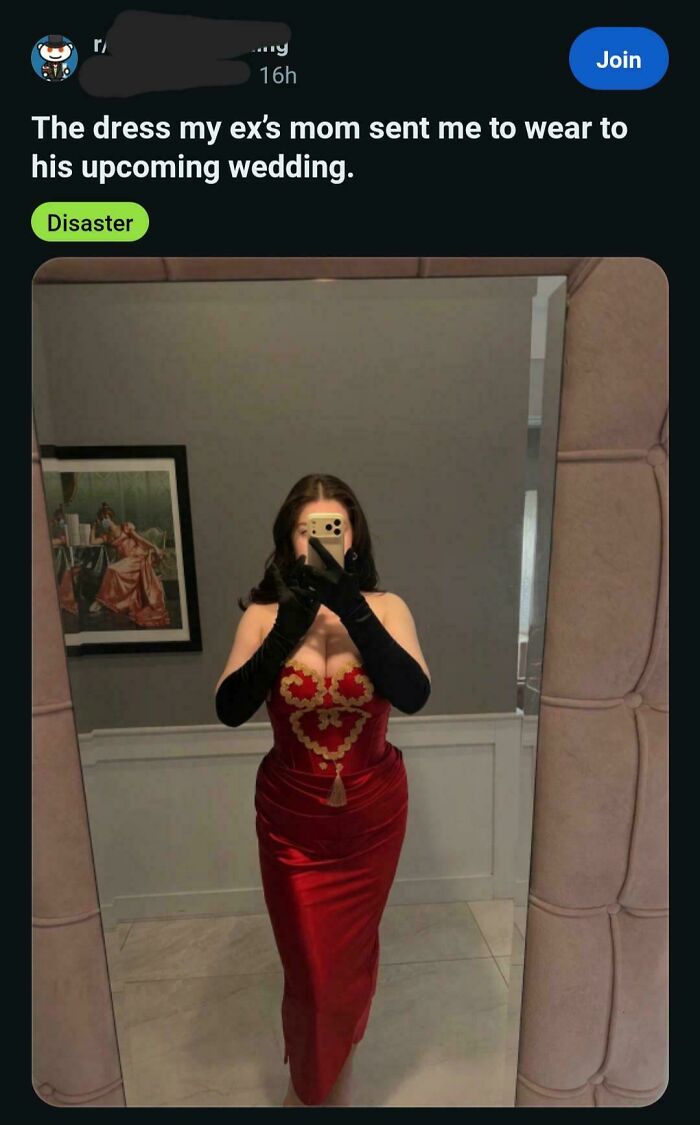 Woman in a revealing red dress, an embarrassing lie people spotted on the internet.