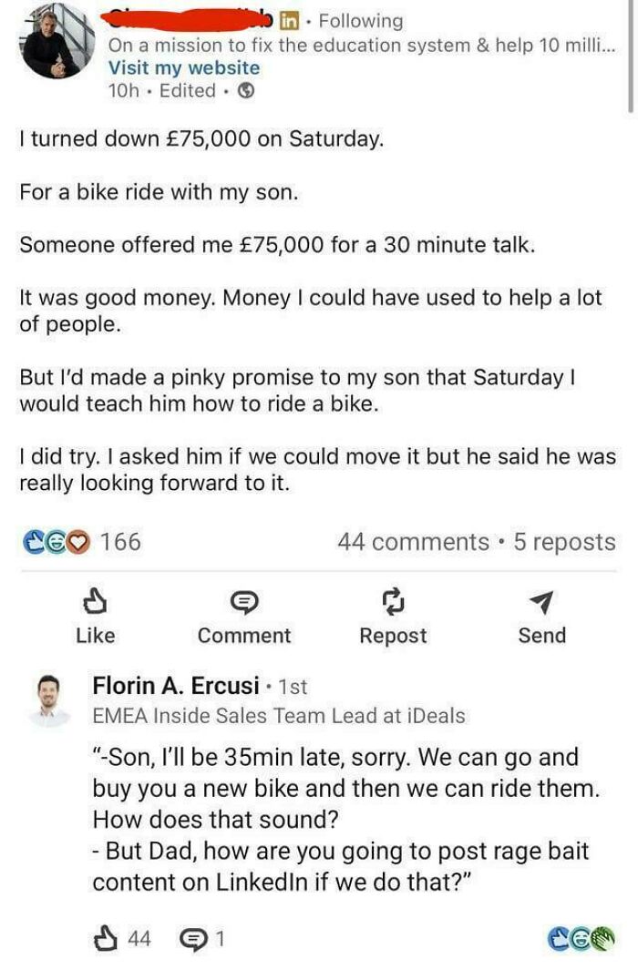 Screenshot of a LinkedIn post where a user claims to have turned down £75,000 for a bike ride with his son, an embarrassing lie.