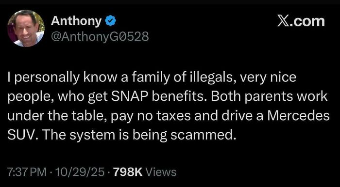 A tweet by Anthony discussing a family receiving SNAP benefits while driving a Mercedes, an embarrassing lie about people spotted on the internet.