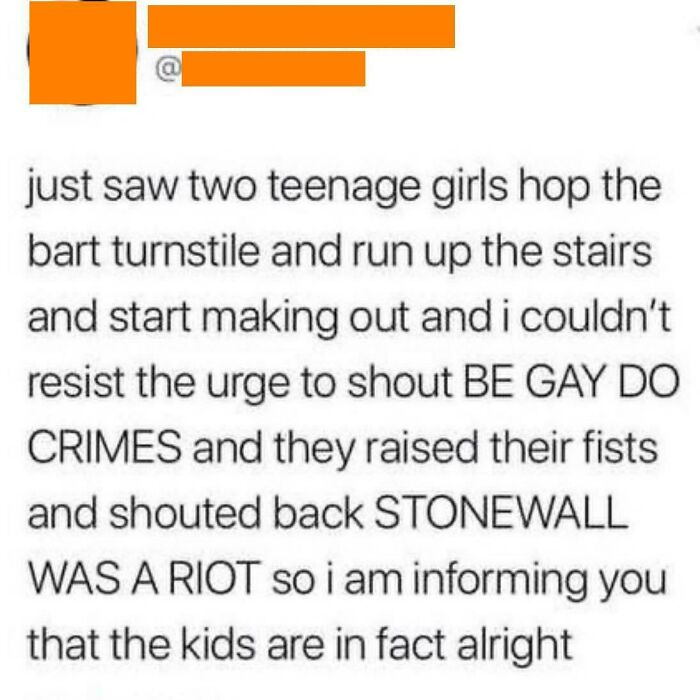 A text post describing two teenage girls hopping a turnstile and making out, shouting BE GAY DO CRIMES, an embarrassing lie.