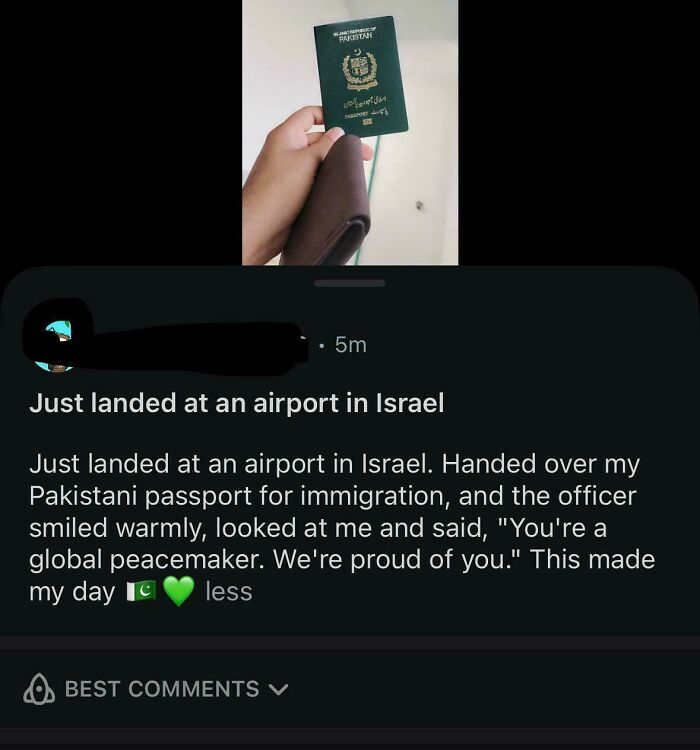 A hand holding a Pakistani passport, with a story claiming a warm welcome in Israel, an embarrassing lie online.