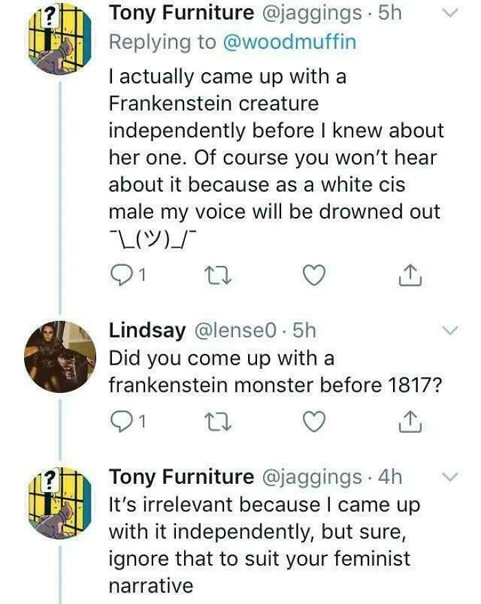 A Twitter conversation where someone claims to have independently invented Frankenstein, an embarrassing lie people spotted.