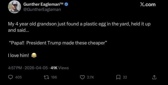 A social media post about embarrassing lies, featuring a grandfather's story about his grandson and a plastic egg.