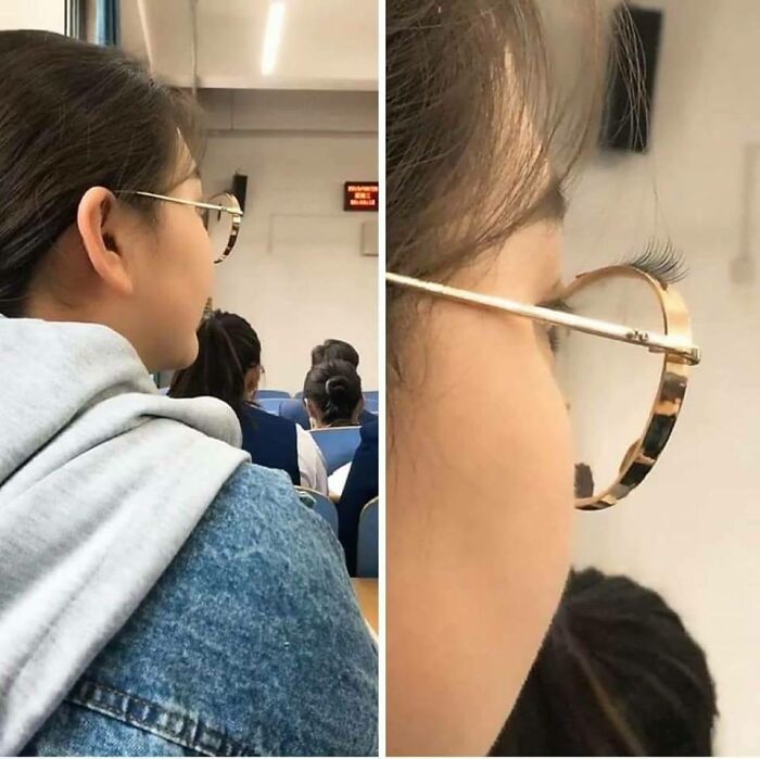 A split image showing a student from behind, then a close-up revealing fake eyelashes attached to her glasses, an unhinged image.